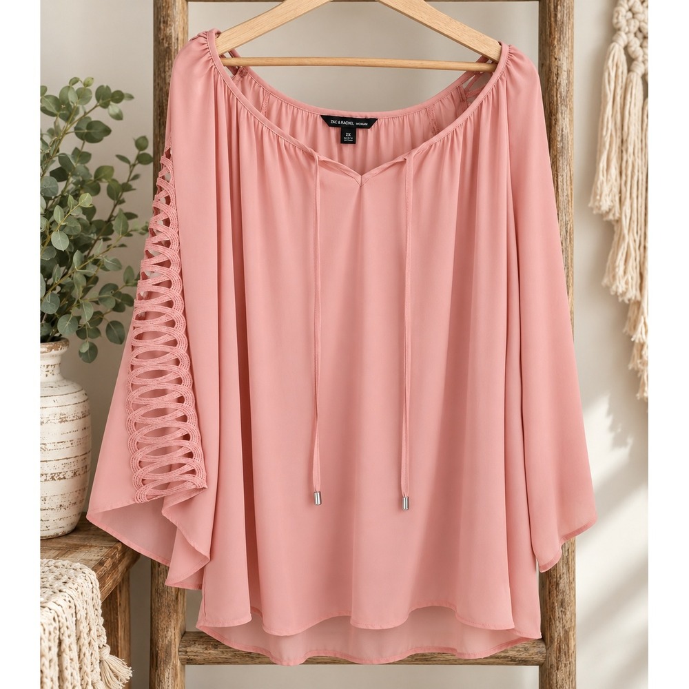 Zac & Rachel Blouse Women 2X Pink Detailed Sleeve Tie Neck